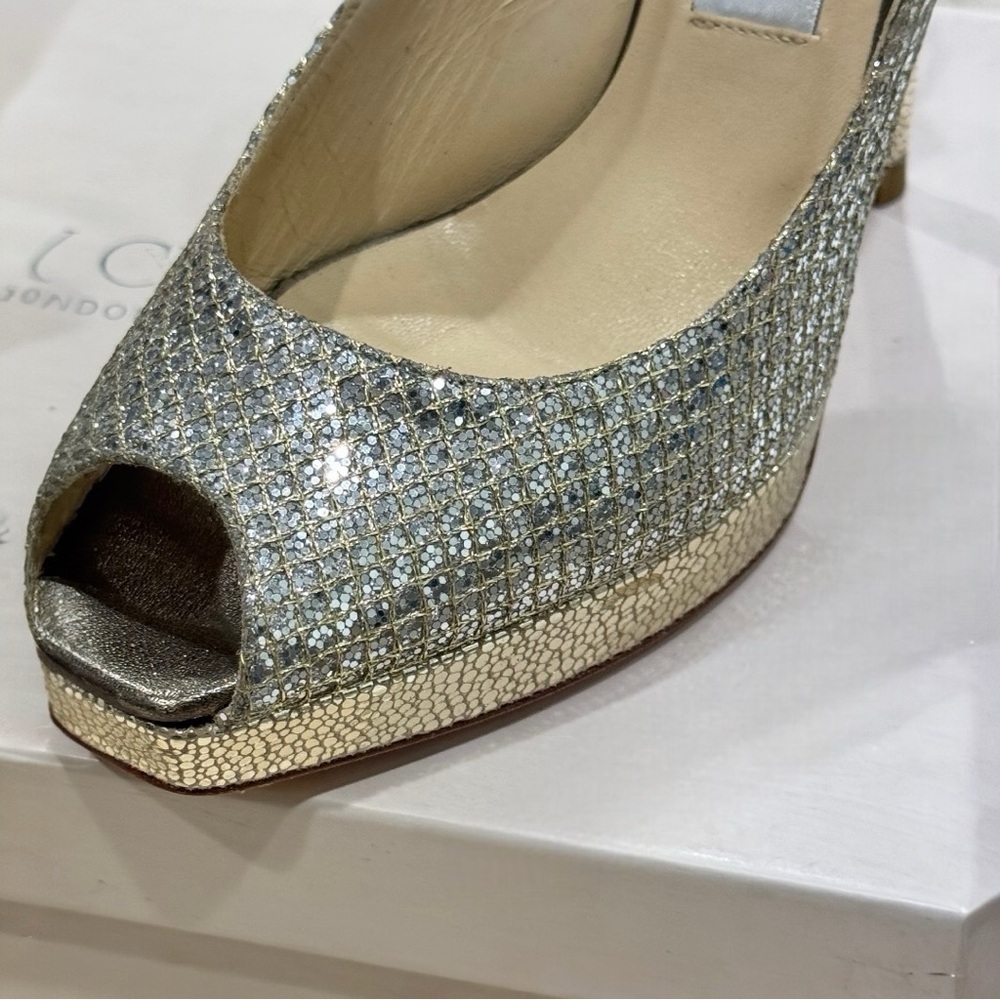 JIMMY CHOO CLUE GLITTER SLINGBACK PLATFORM PEEP TOE HIGH HEEL PUMPS SANDAL 37 - Picture 10 of 16